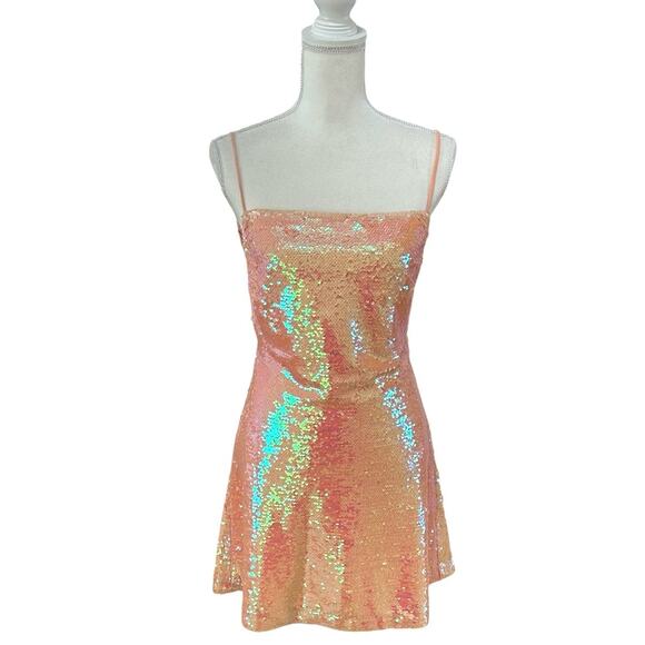 Kimchi Blue Sand Dollar Sequin Square Neck Peach Dress Size Medium Taylor Swift - Picture 3 of 16